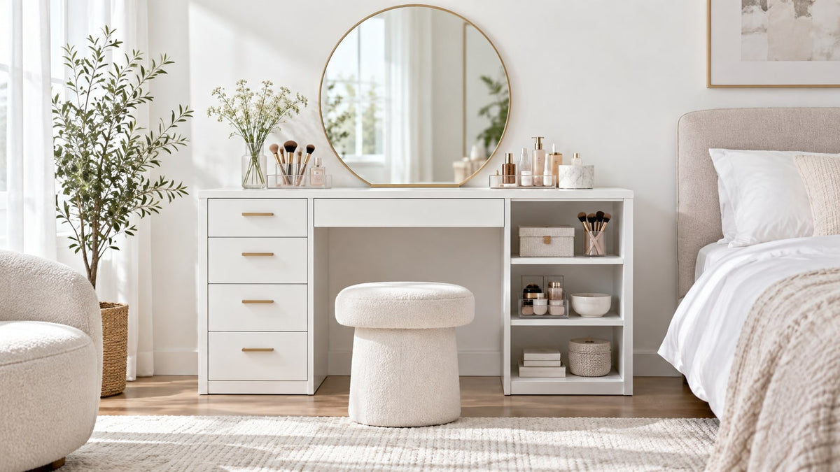 Professional bedroom makeup vanity with drawers and open storage on light background