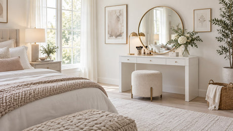 Contemporary bedroom vanities and makeup vanity set styled with stool and illuminated mirror on a light background