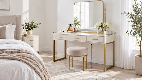 Modern makeup vanity with mirror and upholstered stool in bright bedroom setting
