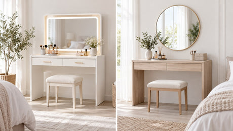 Modern bedroom vanities side by side showing one with integrated mirror and one without mirror with coordinated seating and makeup accessories