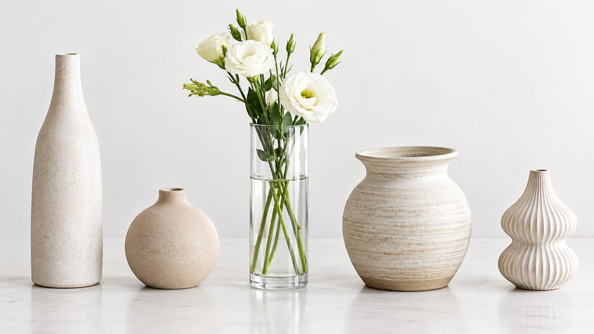 Varied vases and decorative accessories arranged on white studio surface under natural light