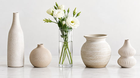 Varied vases and decorative accessories arranged on white studio surface under natural light