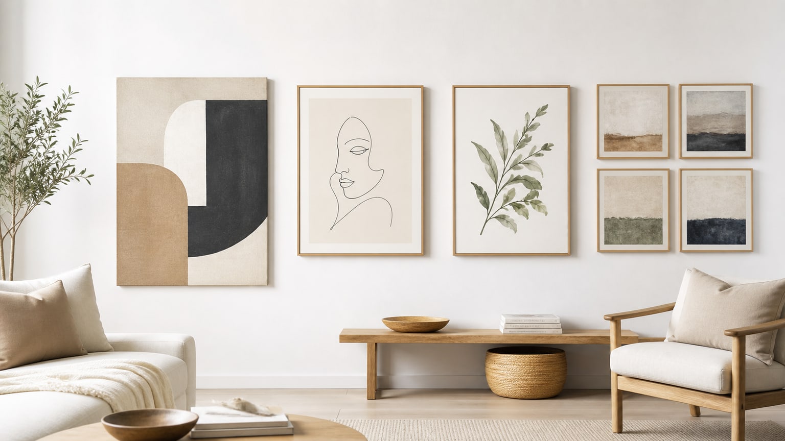 Modern living room wall with multi-panel abstract geometric canvas art and framed botanical prints, neutral furniture on white background
