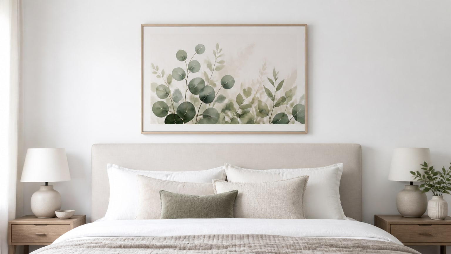 King bed with upholstered headboard and large multi-panel abstract geometric wall art hung above on white wall.