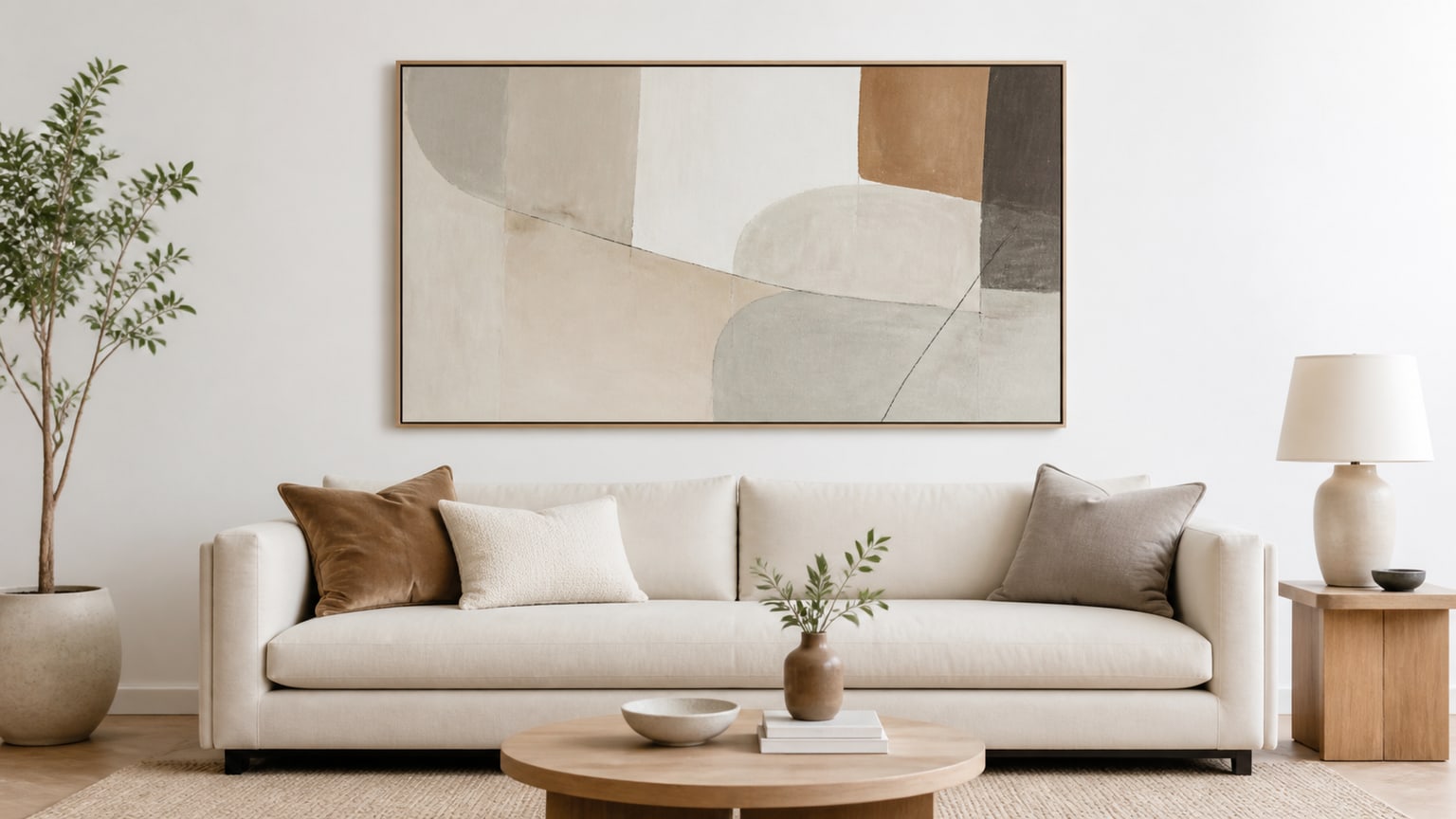 Medium-sized sofa with large framed abstract geometric wall art above, on clean white background