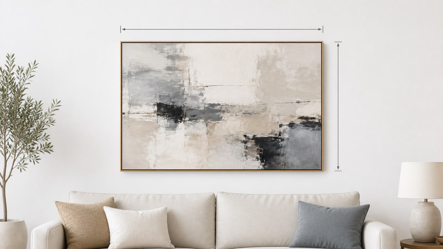 Multi-panel abstract canvas wall art above a beige sofa in a modern living room setting on a white background