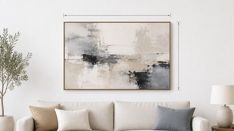 Multi-panel abstract canvas wall art above a beige sofa in a modern living room setting on a white background