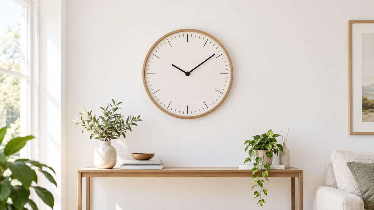 Modern wall clock with minimalist tick markers on a light wall above a console table in a bright room