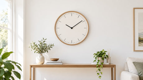 Modern wall clock with minimalist tick markers on a light wall above a console table in a bright room