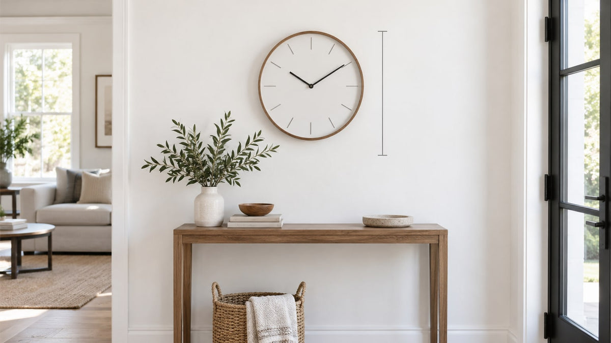 Modern living room interior featuring a minimalist wall clock with clear tick marks above a white console table on a light wall.