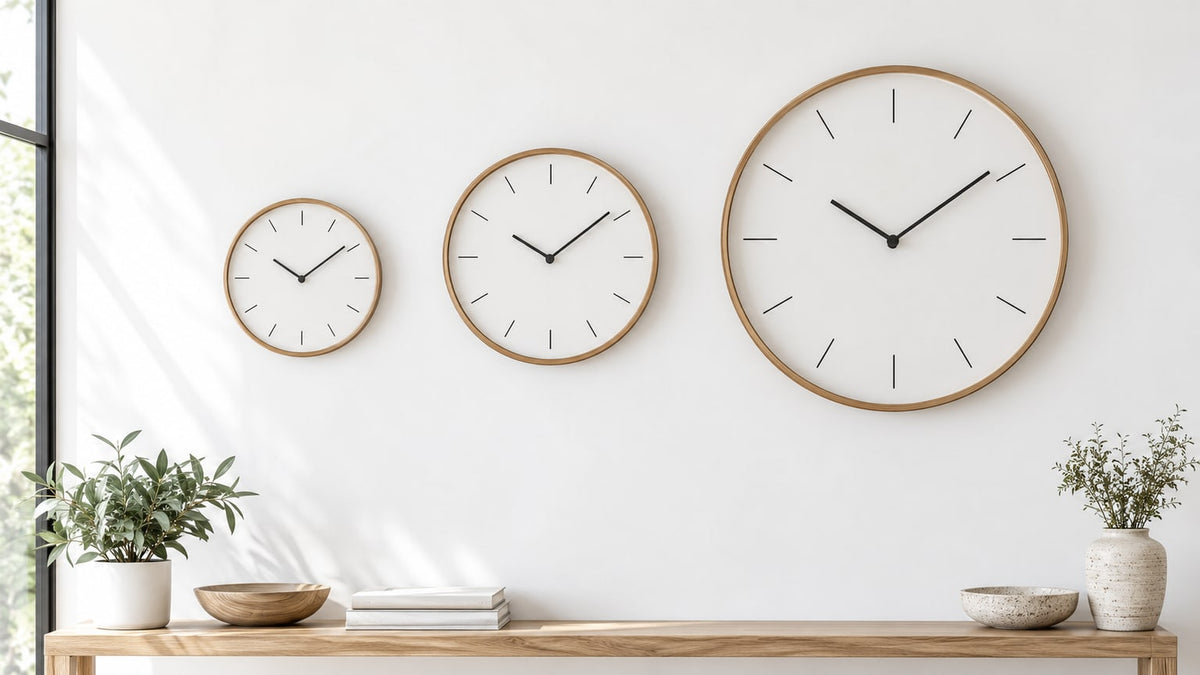 Modern minimalist wall clock with clean tick markers on a light wall above sofa and console table