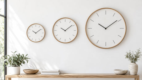 Modern minimalist wall clock with clean tick markers on a light wall above sofa and console table
