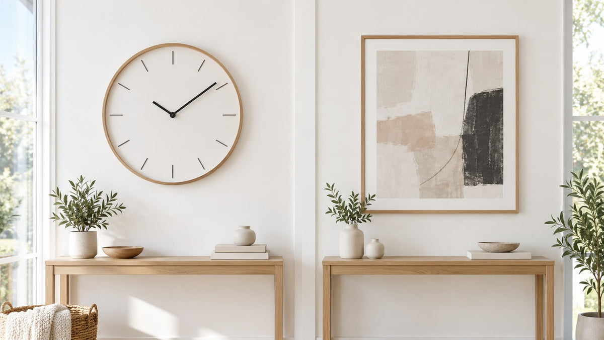 Minimalist round wall clock above a modern console table in a bright living room