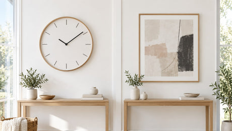 Minimalist round wall clock above a modern console table in a bright living room