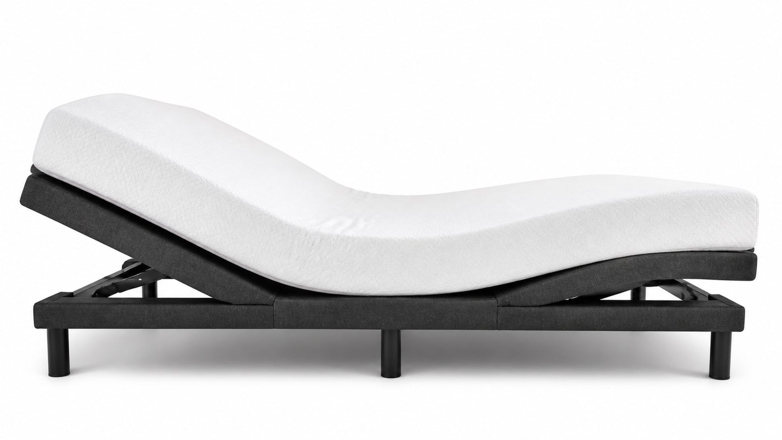 Adjustable bed base with mattress foundation on white background showing elevated head and foot sections