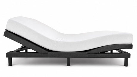 Adjustable bed base with mattress foundation on white background showing elevated head and foot sections