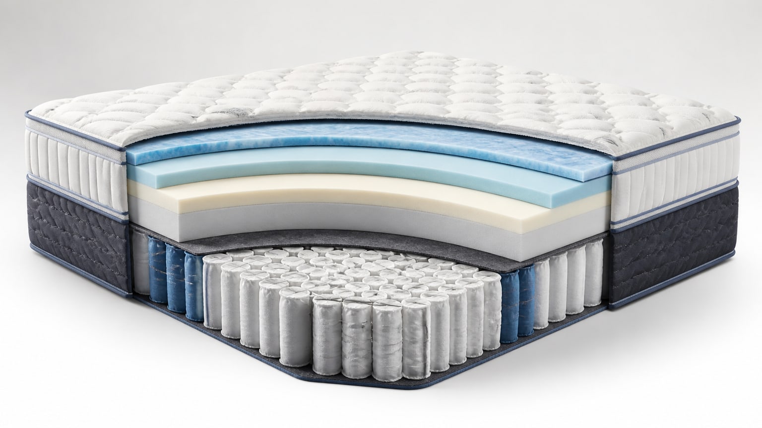 Cutaway view of a hybrid mattress showing memory foam and coil layers on white background