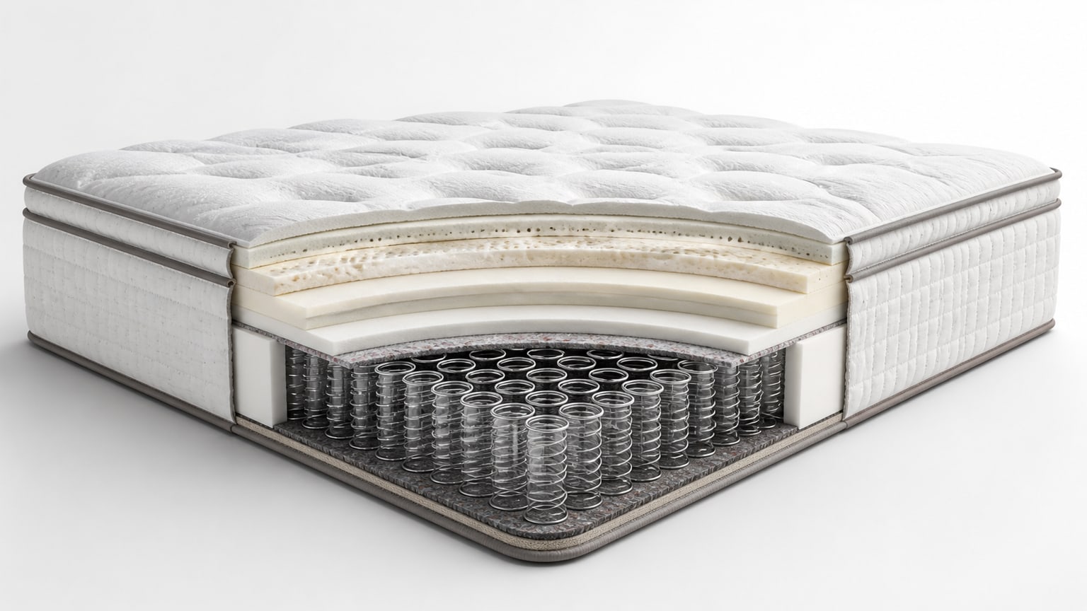 Innerspring mattress cross-section showing coil support core and comfort layers