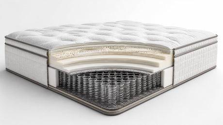 Innerspring mattress cross-section showing coil support core and comfort layers