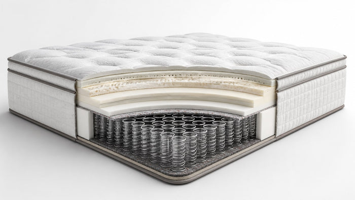 Innerspring mattress cross-section showing coil support core and comfort layers