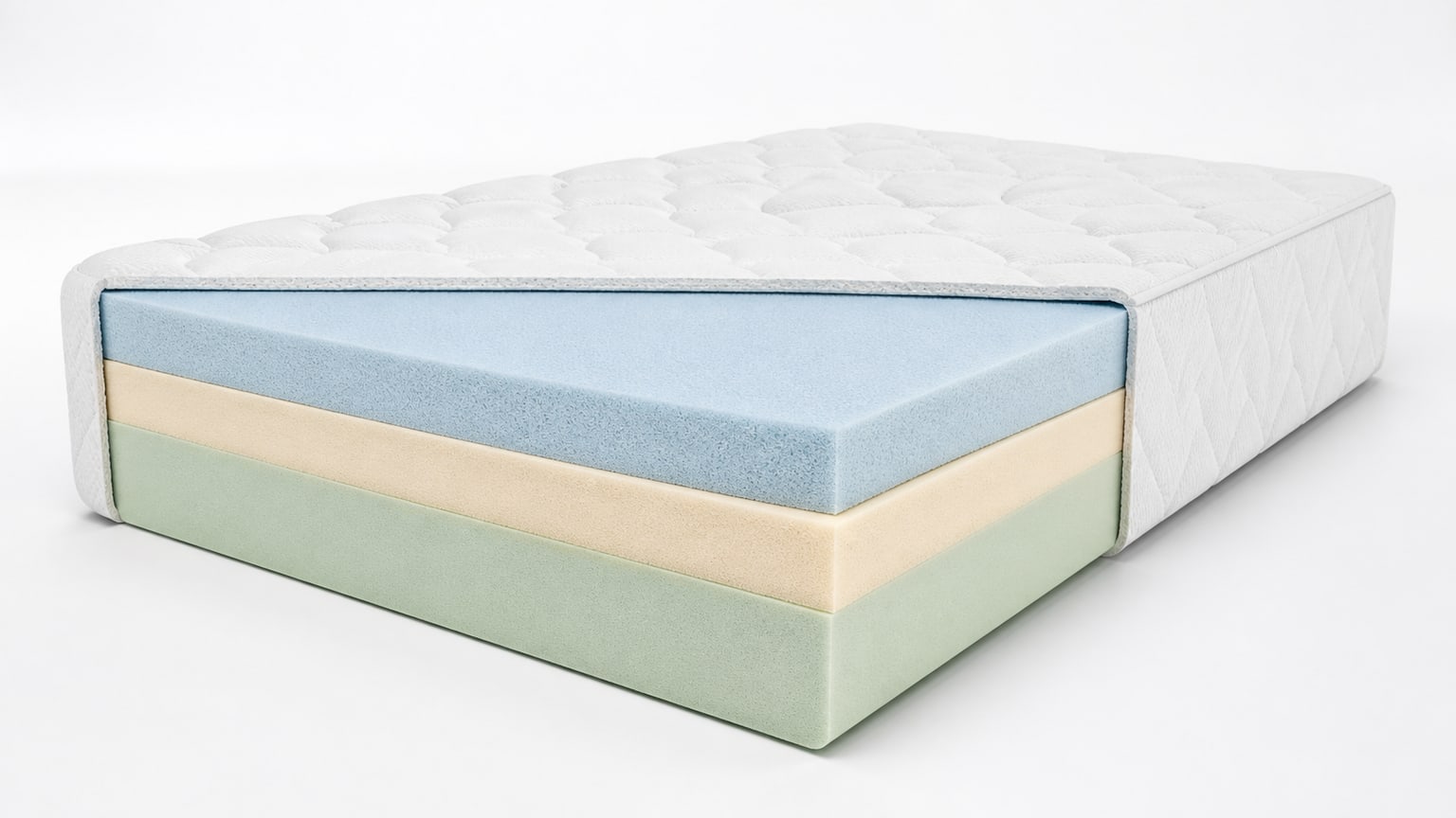 Memory foam mattress with cutaway showing layered foam construction on white background