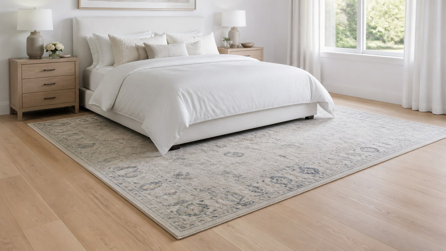 Modern white bedroom with queen bed and a large soft area rug placed partially under bed, showcasing ideal rug placement and size under bed.