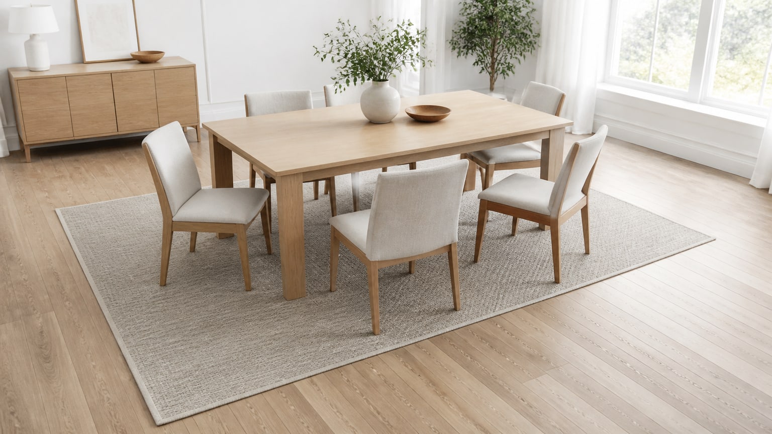Modern dining room with wooden dining table, chairs, and large area rug fitting under the table extending beyond chair space on a bright white background.