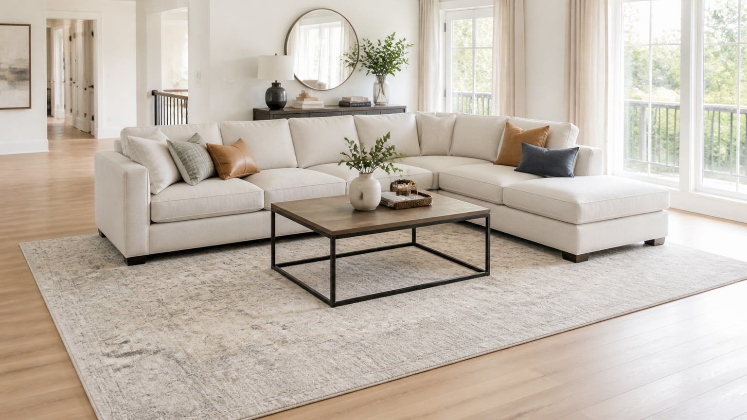 Bright white living room with an L-shaped sectional sofa on a neutral area rug featuring a centered coffee table and clean decor.