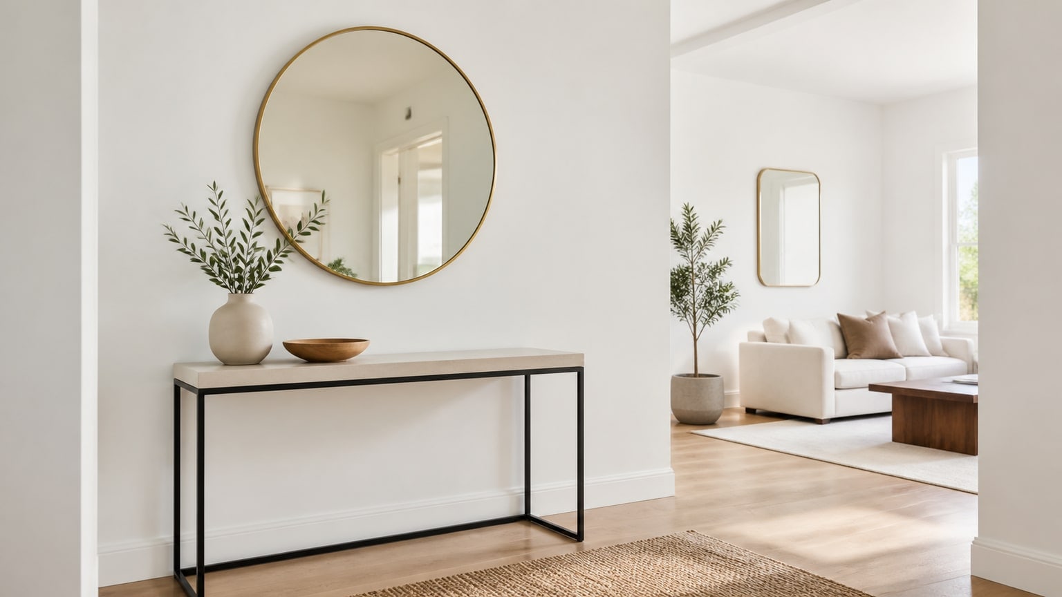 Decorative wall mirror, floor leaning mirror, and dresser mirror displayed on white background with realistic reflections