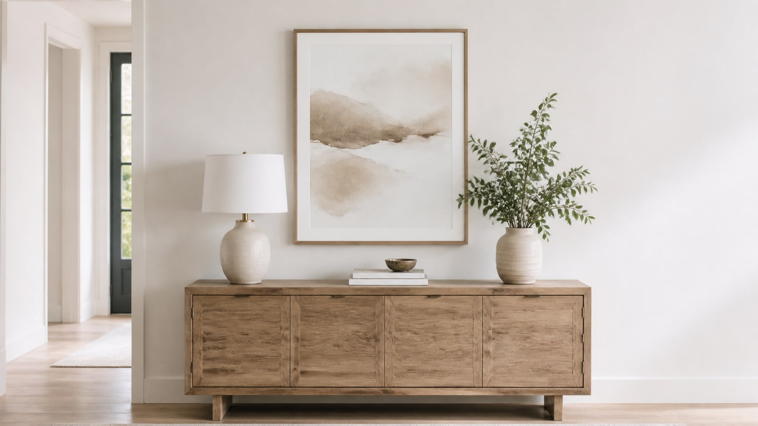 Living room with beige sectional sofa and a three-panel abstract canvas art properly hung on a white wall.