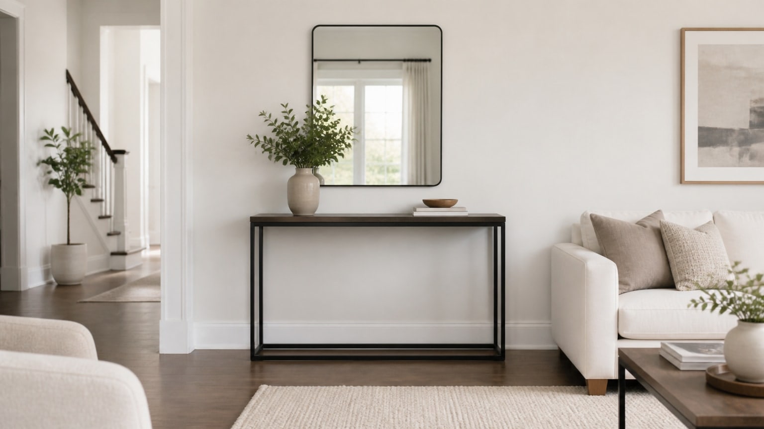 Medium wood tone console table styled with a table lamp and decorative greenery on a white background