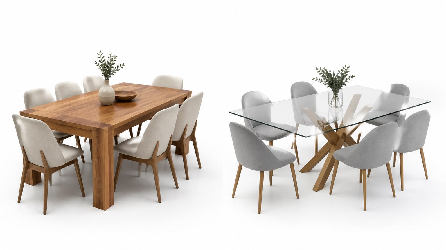 Modern glass dining table with metal base and wood chairs on a white background