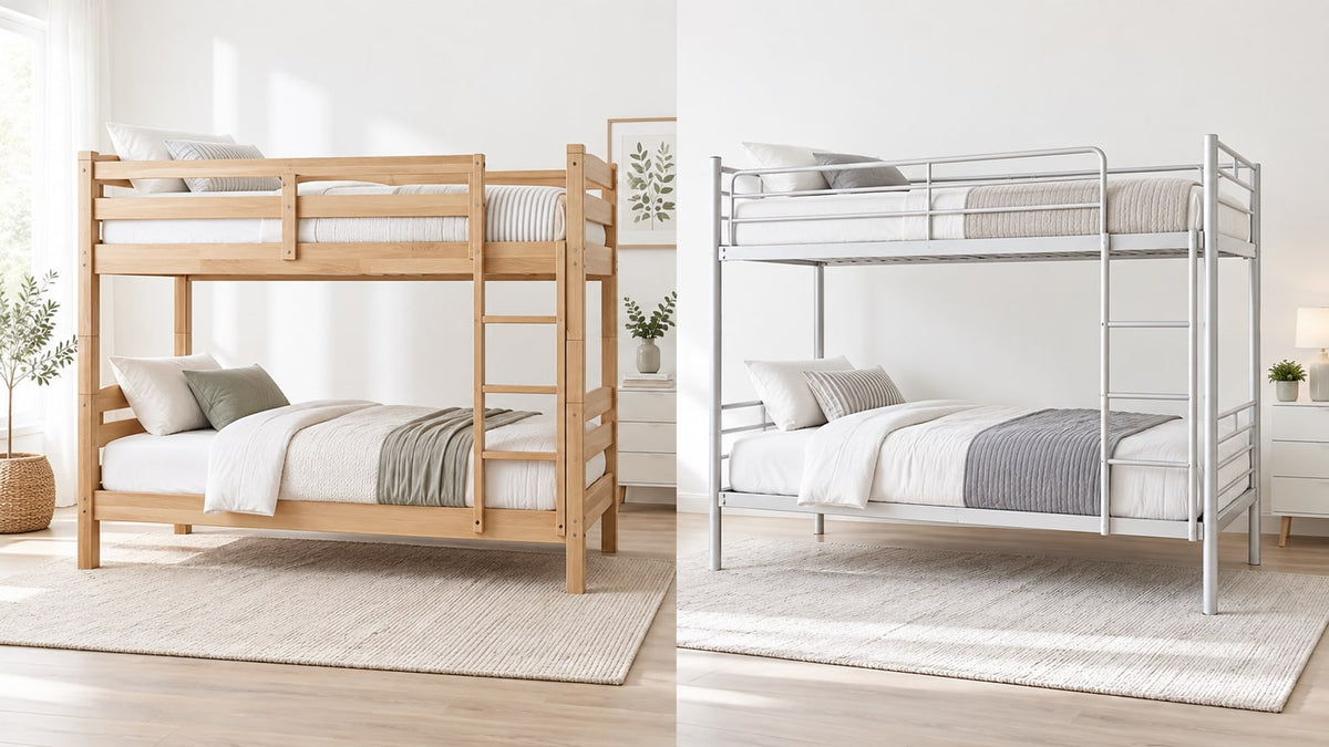 Wood and metal bunk bed in a bright neutral bedroom with ladder and trundle, shown in a clean 16:9 photo.