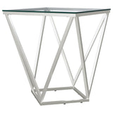 Brittania square glass top end table with nickel geometric metal base front view
