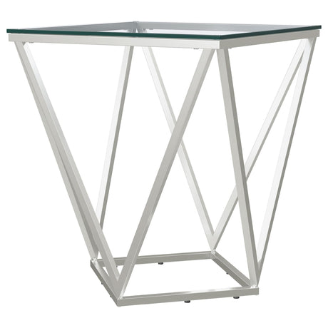 Brittania square glass top end table with nickel geometric metal base front view