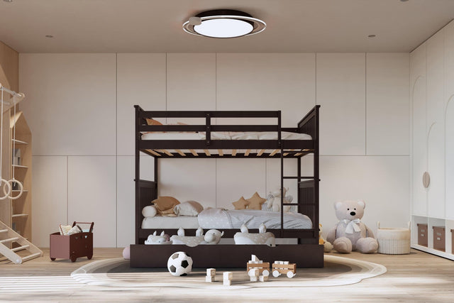 Espresso modern solid wood twin over twin bunk beds with trundle front view