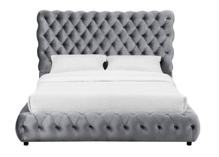 Flory Gray Upholstered Velvet Tufted Queen Platform Bed viewed from front angle