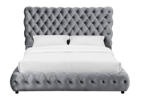 Flory Gray Upholstered Velvet Tufted Queen Platform Bed viewed from front angle