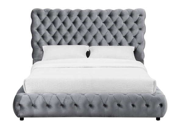 Flory Gray Upholstered Velvet Tufted Queen Platform Bed viewed from front angle