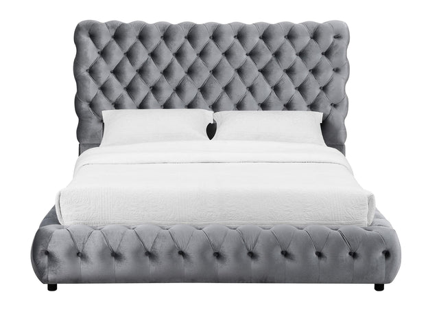 Flory Gray Upholstered Velvet Tufted Queen Platform Bed viewed from front angle