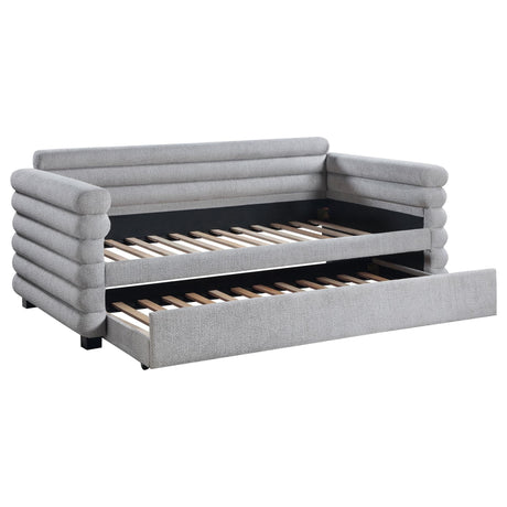 Patricia Boucle Upholstered Twin Daybed with Trundle in Grey, front angle view