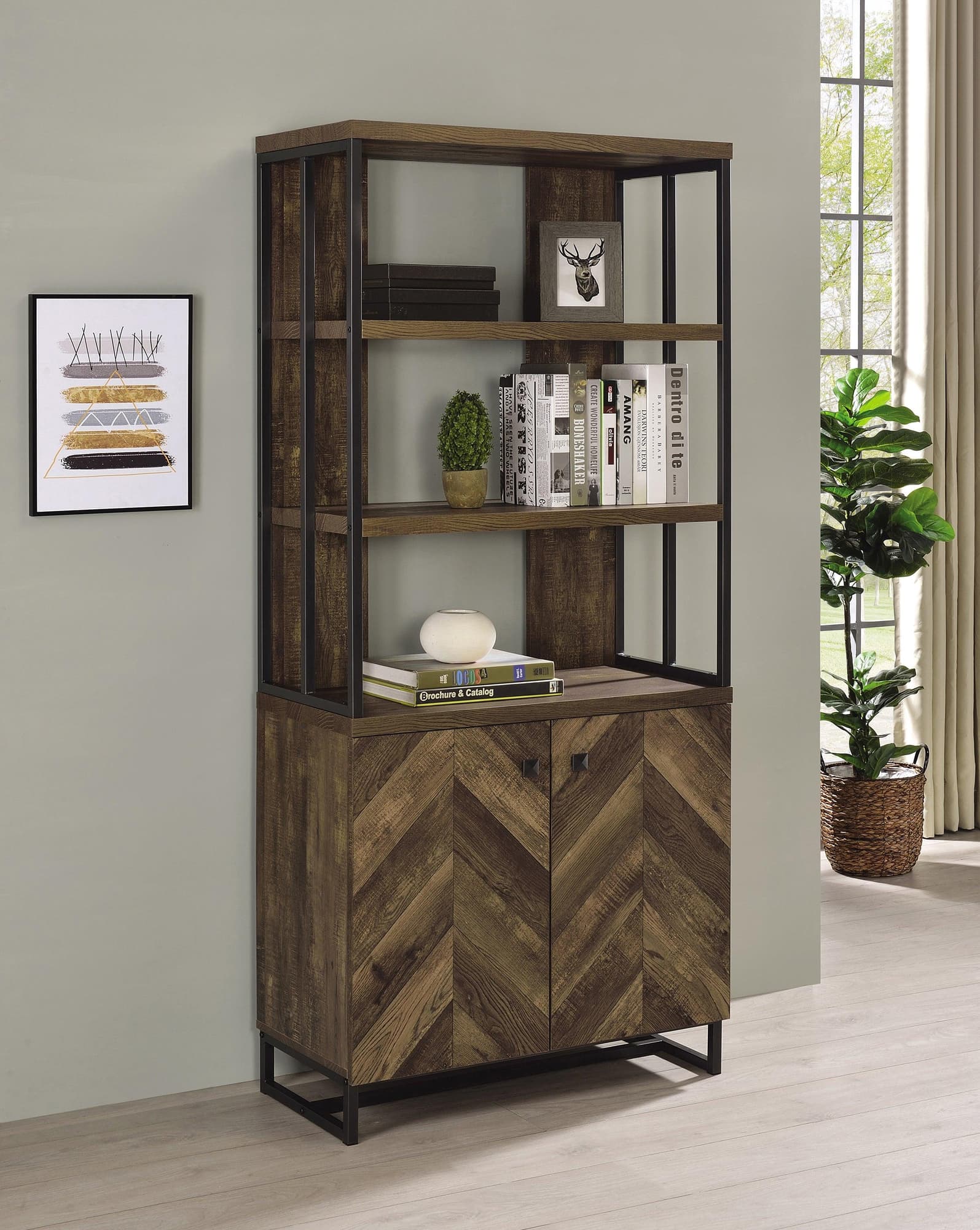 Millbrook 2-Door Bookcase front view showing rustic oak herringbone and gunmetal frame