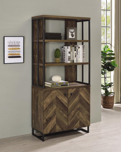 Millbrook 2-Door Bookcase front view showing rustic oak herringbone and gunmetal frame