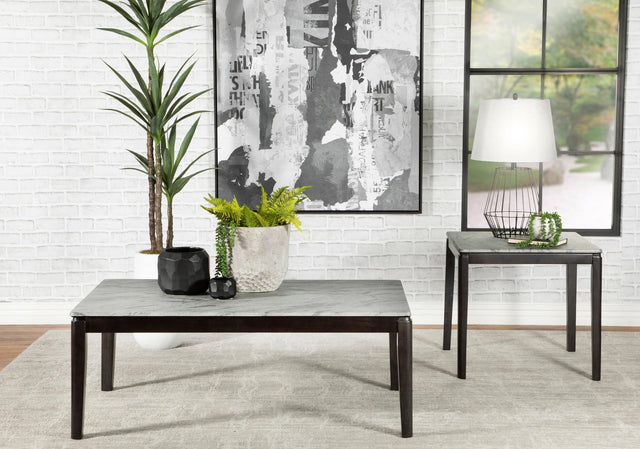 Mozzi rectangular coffee table with faux grey marble top shown from front angle