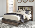 Drystan Multi Queen Bookcase Bed front view showing headboard with LED-lit cubbies