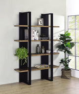 Danbrook bookcase front view with four full-length floating shelves and two-tone finish