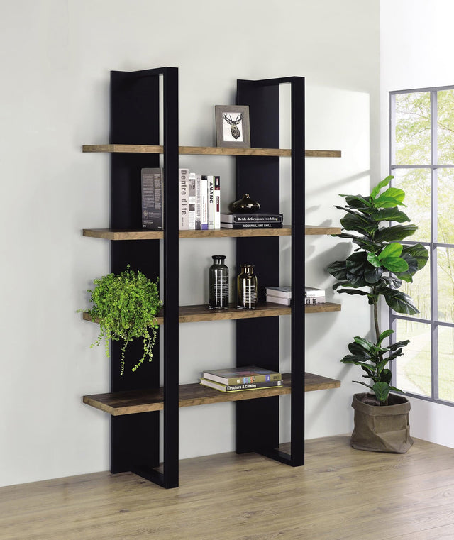 Danbrook bookcase front view with four full-length floating shelves and two-tone finish