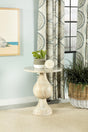 Dianella Round Pedestal Accent Table showcasing ivory round top and pedestal base