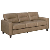 Scotland brown faux leather upholstered track arm sofa front view