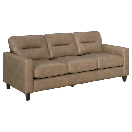 Scotland brown faux leather upholstered track arm sofa front view